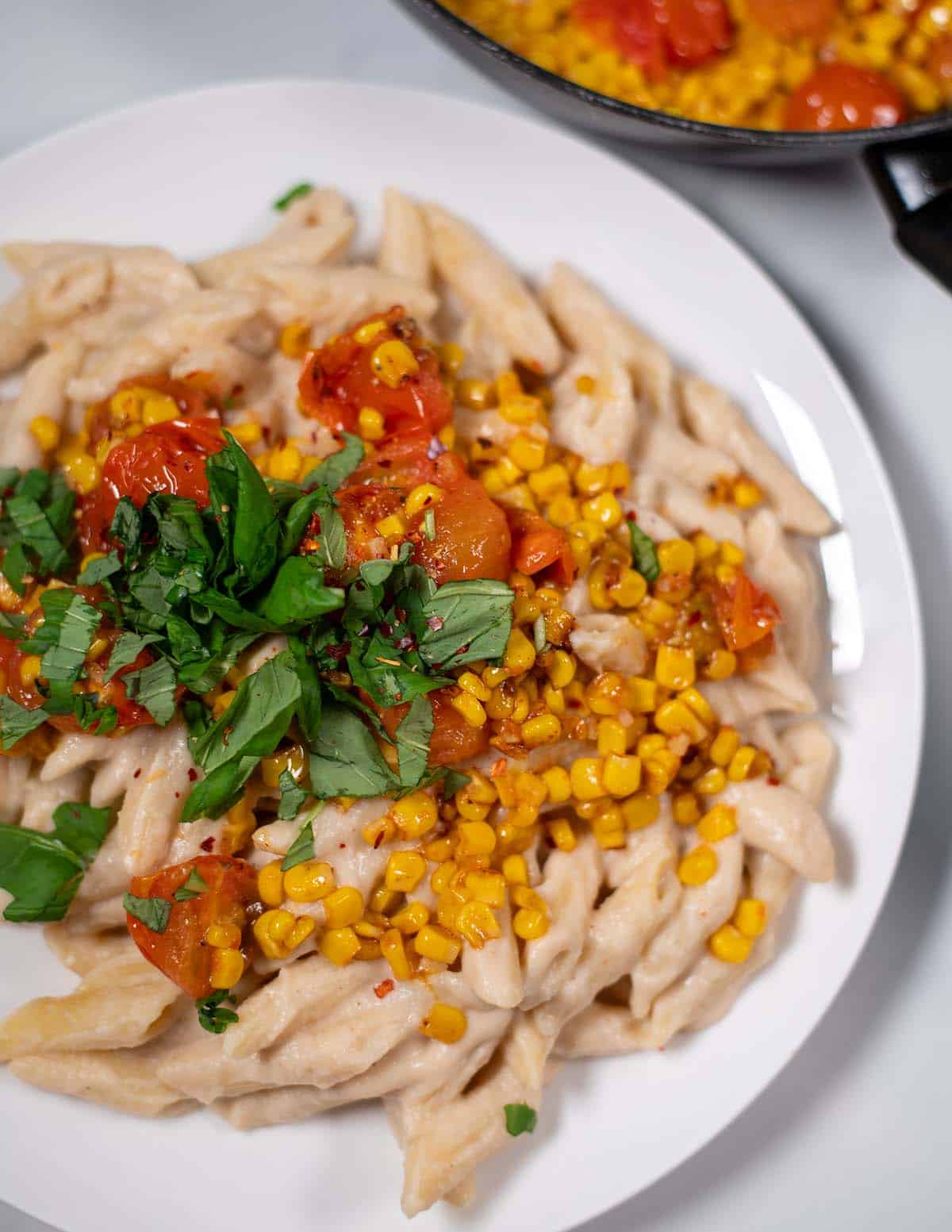 A view of a large serving of Corn Pasta.