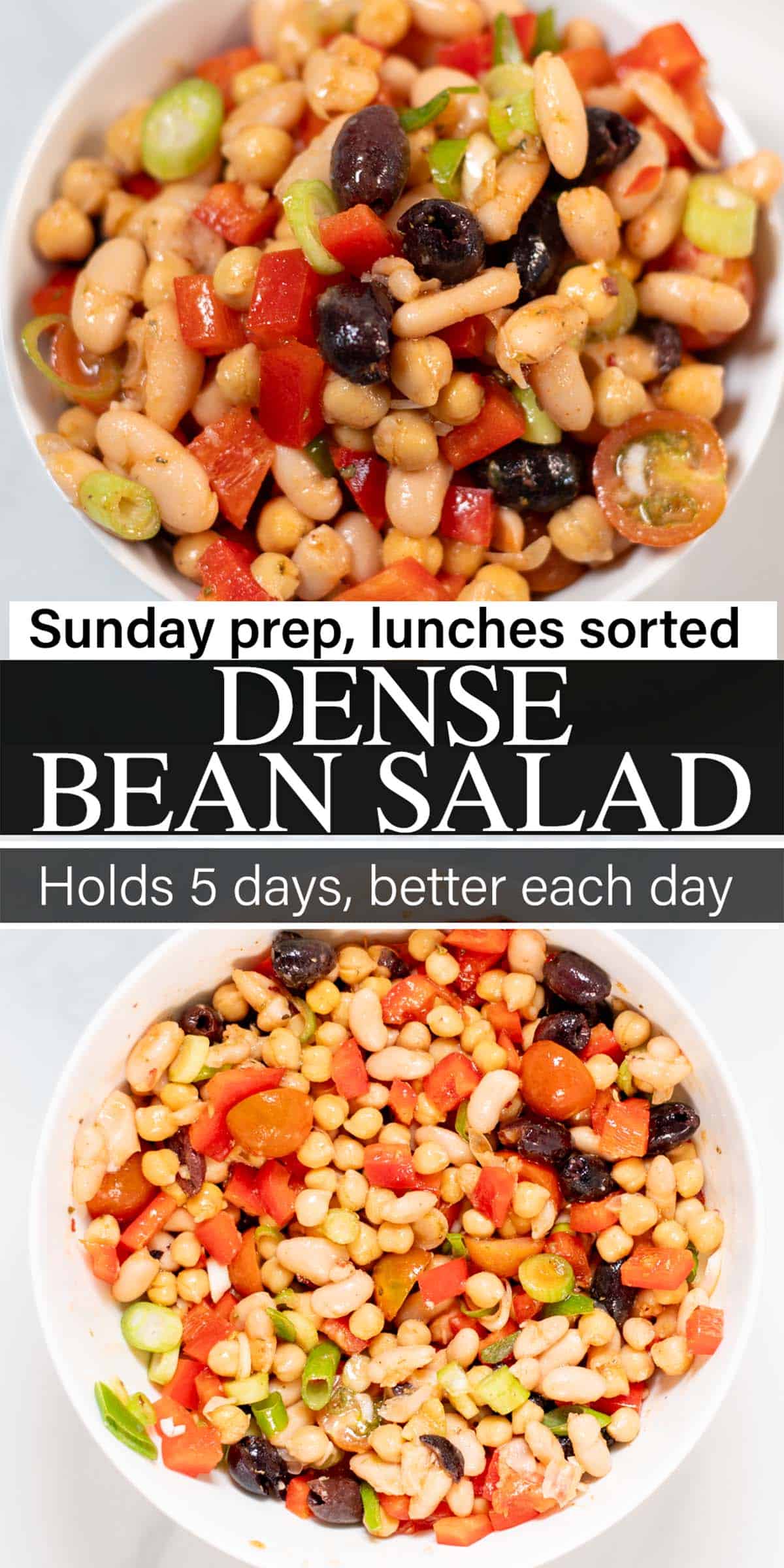 Stack of two photos showing dense bean salad with text overlays.