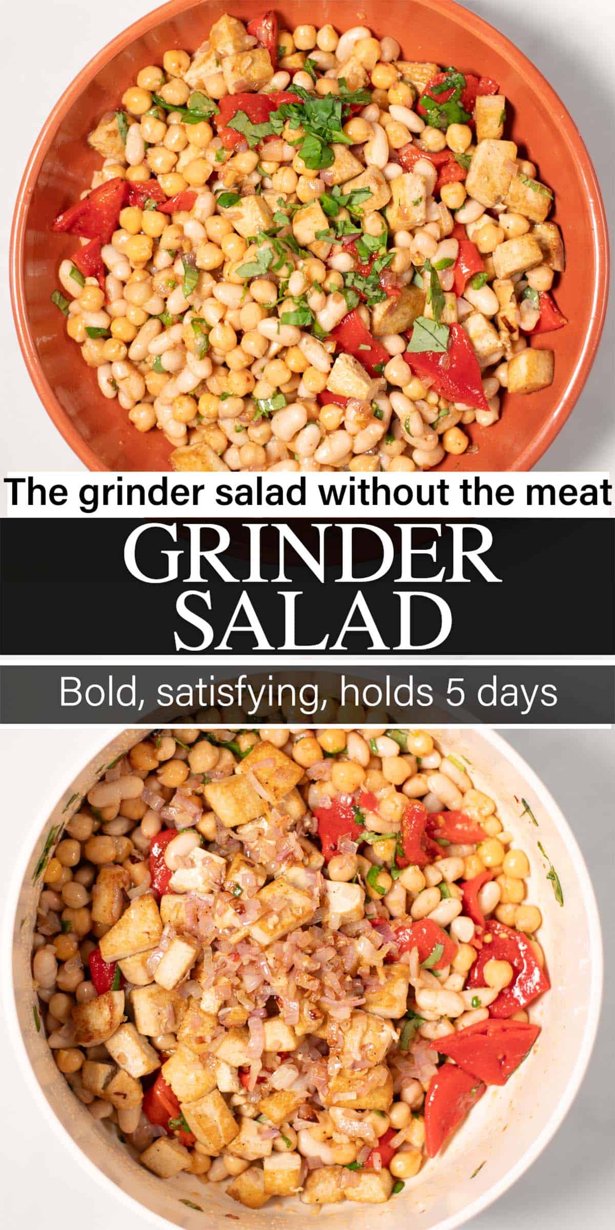 Stack of two photos showing Vegan Grinder Salad with text overlays.