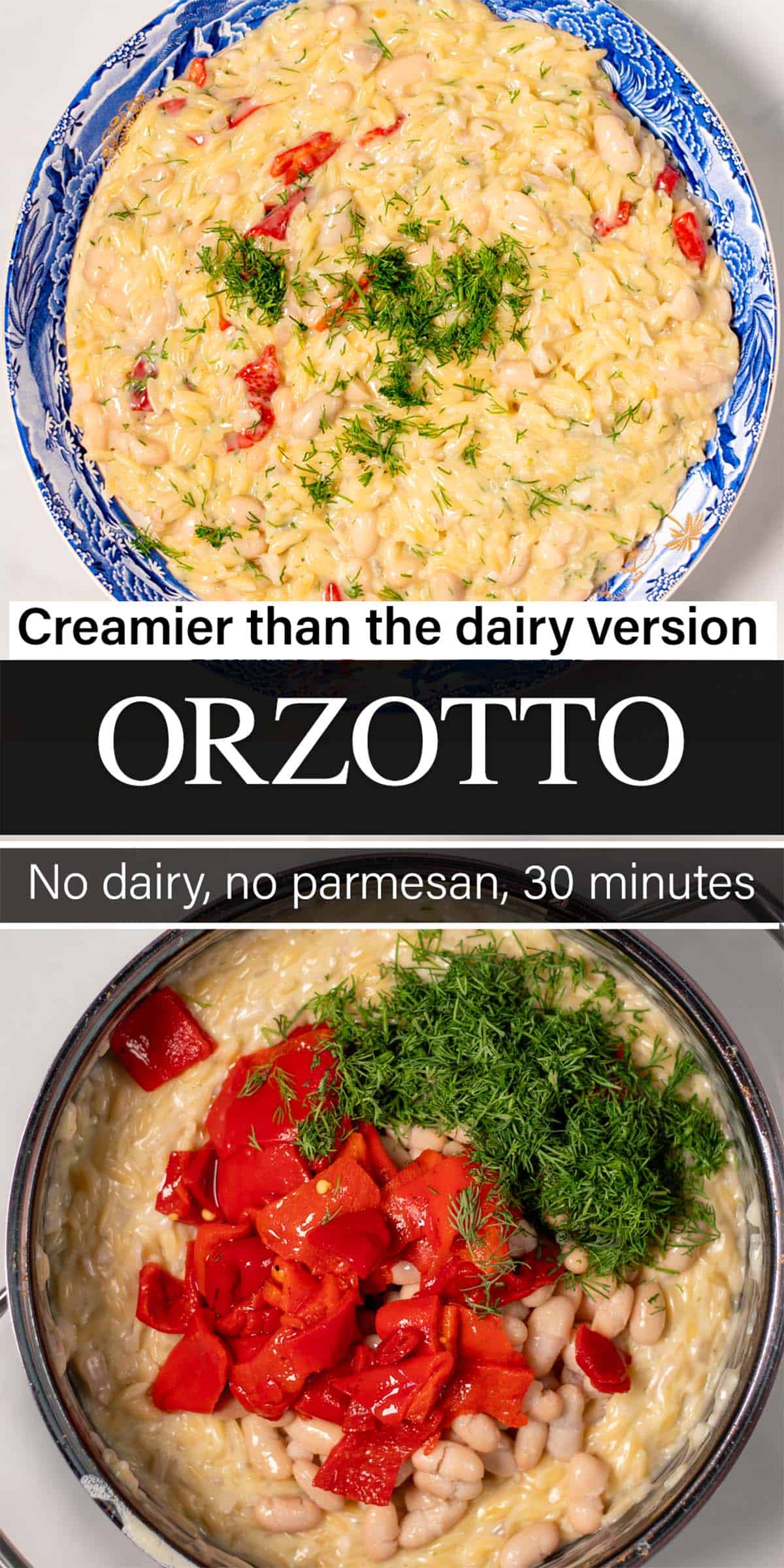 Stack of two photos showing Orzotto with text overlays.