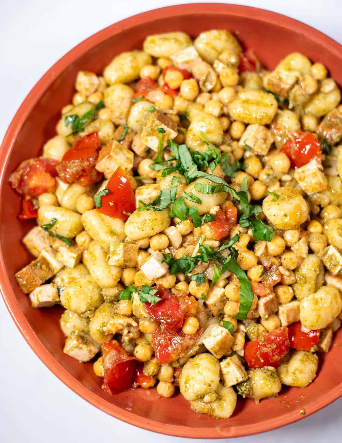 Closeup on a serving of Pesto Gnocchi.