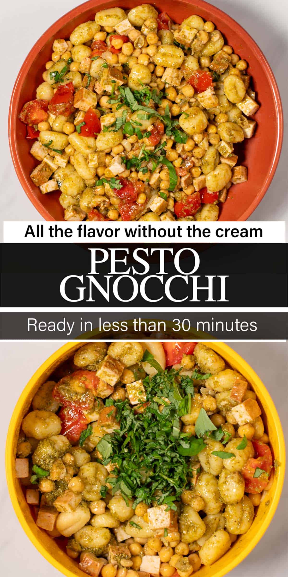Stack of two photos showing Pesto Gnocchi with text overlays.