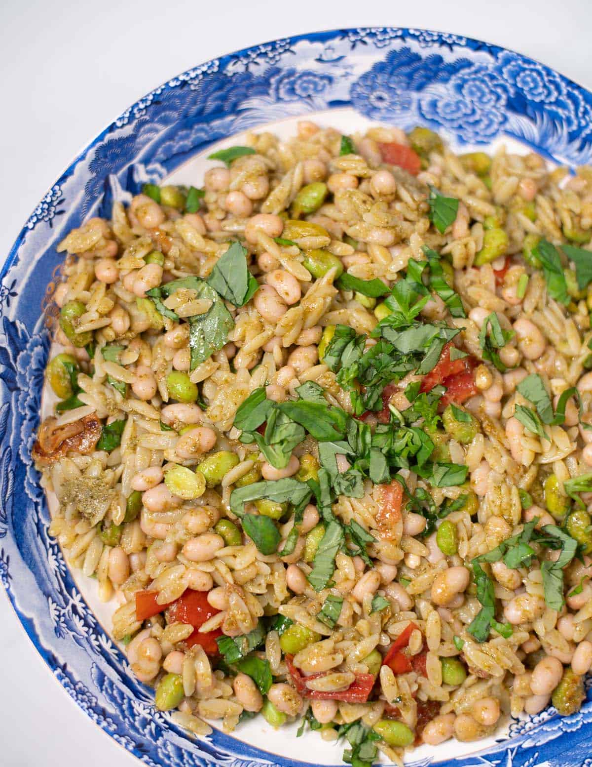 Closeup on a serving of Pesto Orzo.