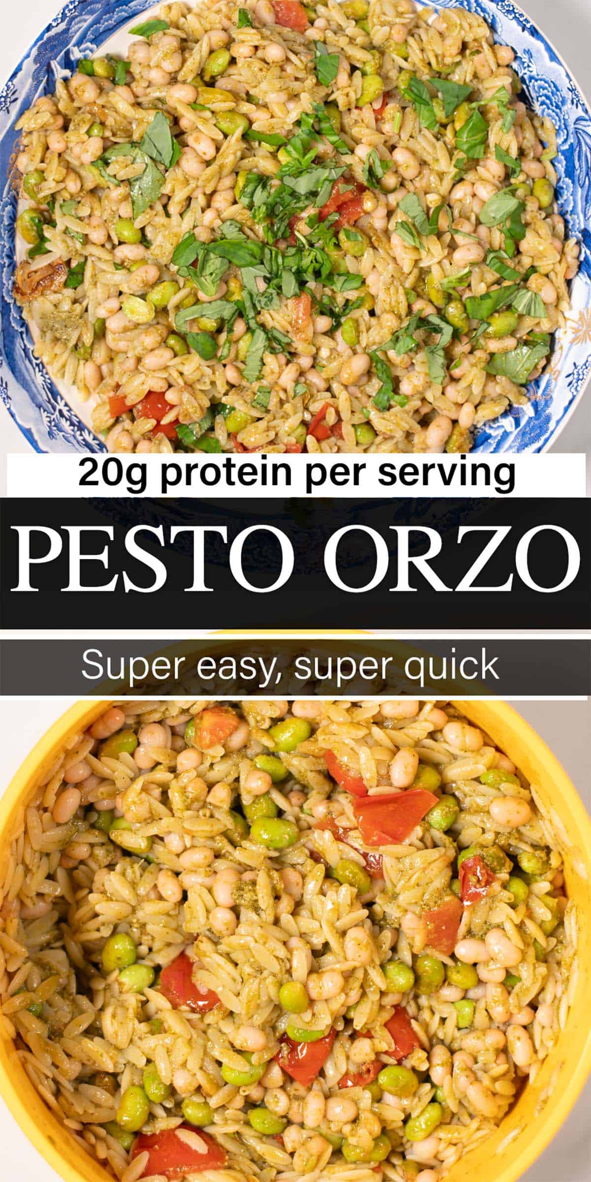 Stack of two photos of Pesto Orzo with text overlays.