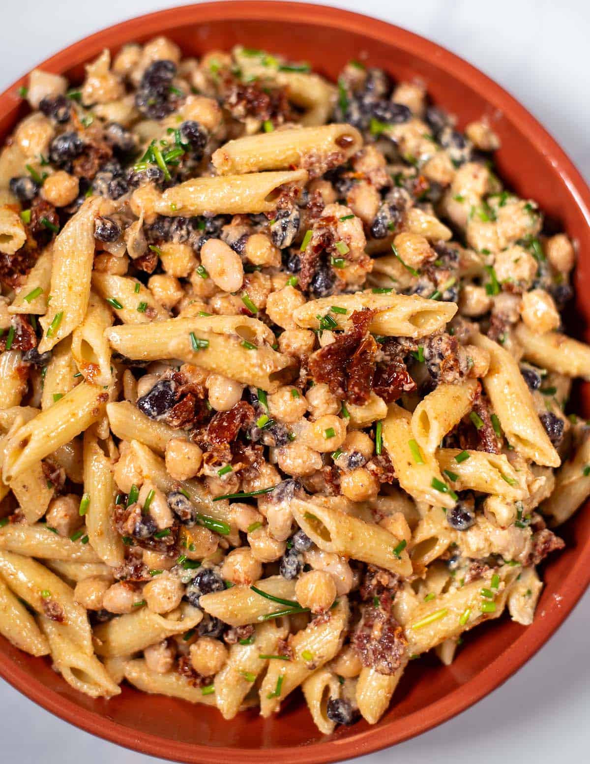 Closeup on a serving of Three Bean Pasta Salad.