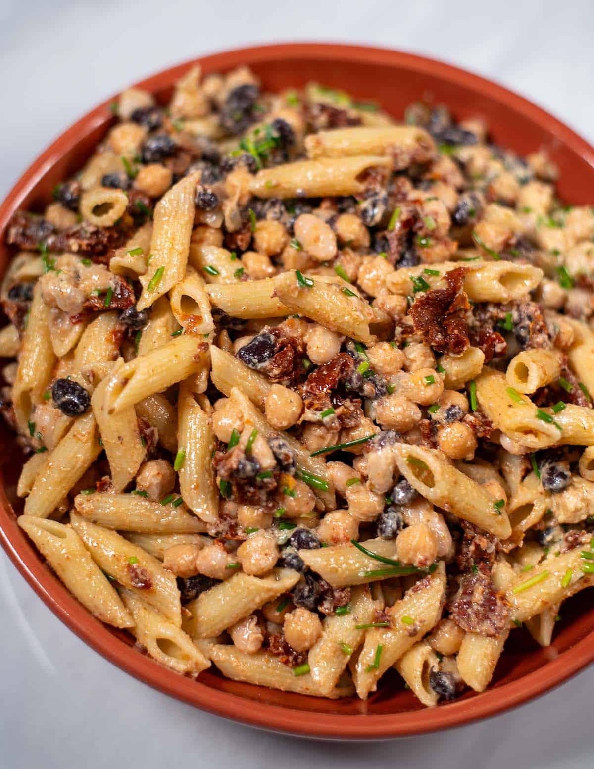 Closeup on a serving of this pasta salad.