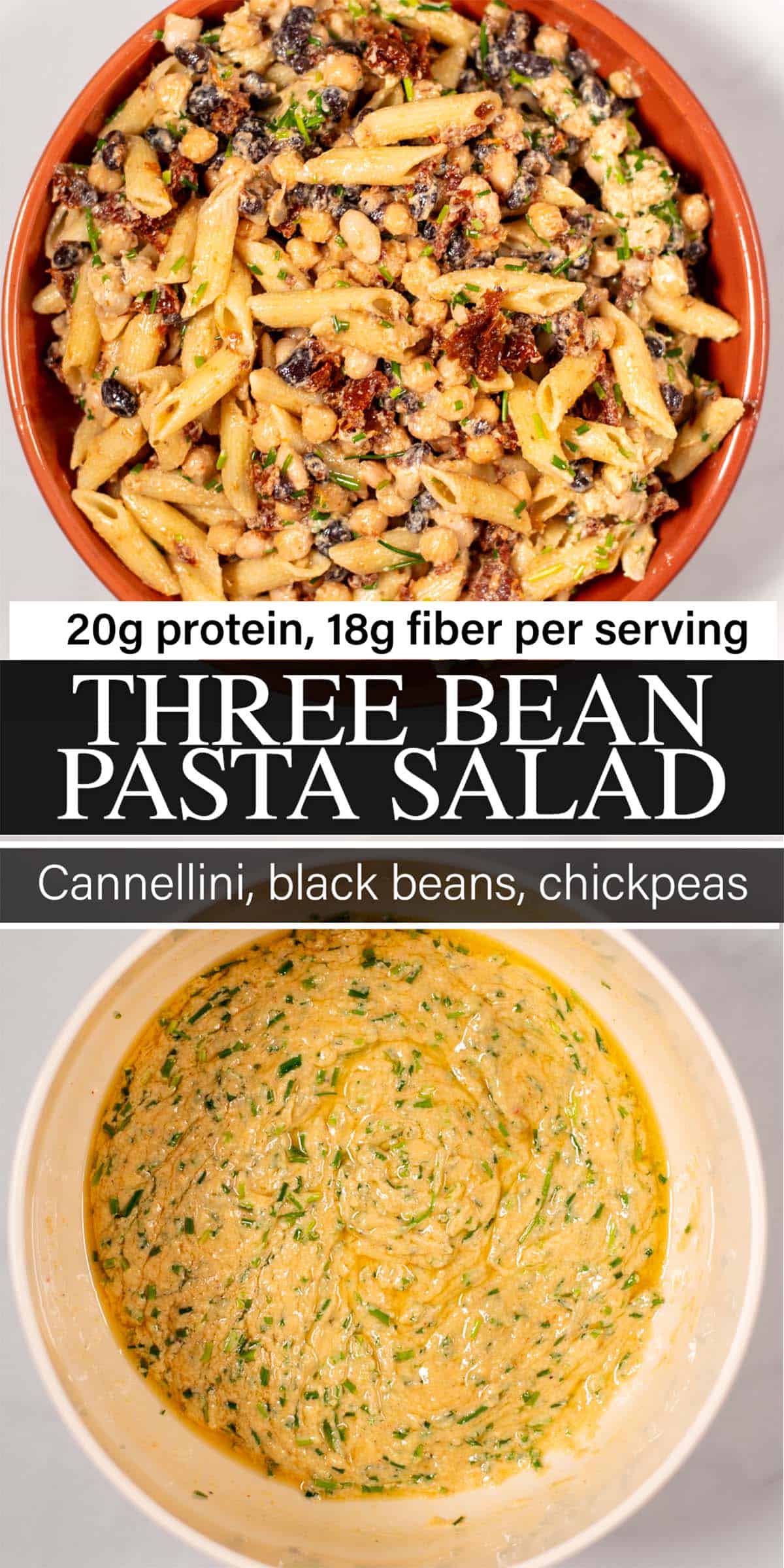 Stack of two photos showing Three Bean Pasta Salad with text overlay.