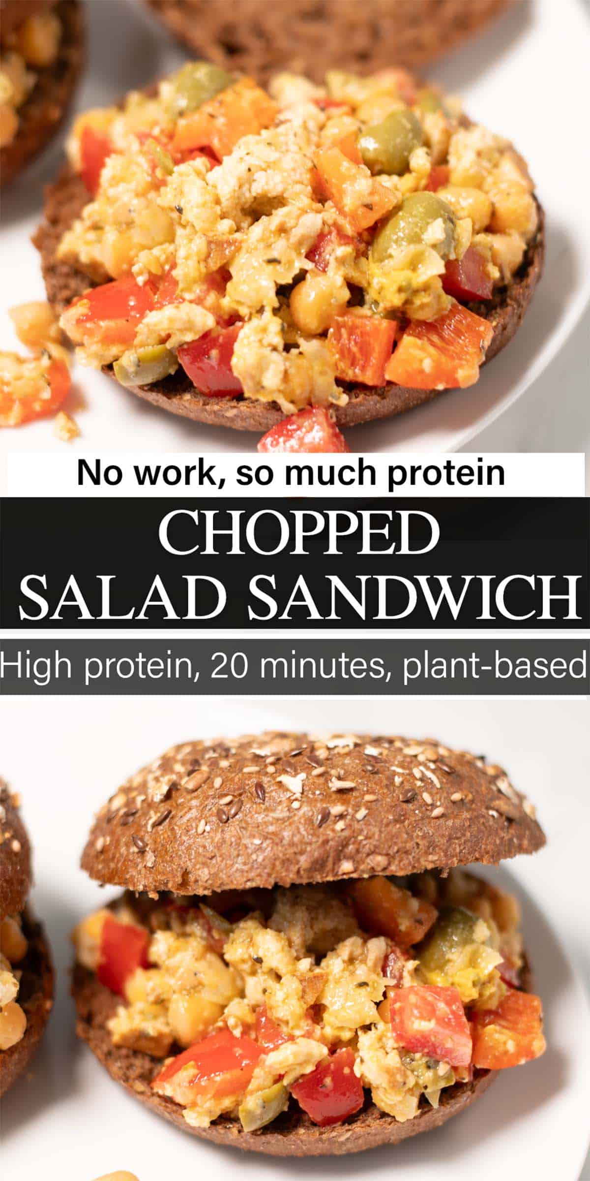 Stack of two photos showing Chopped Salad Sandwich with text overlays.