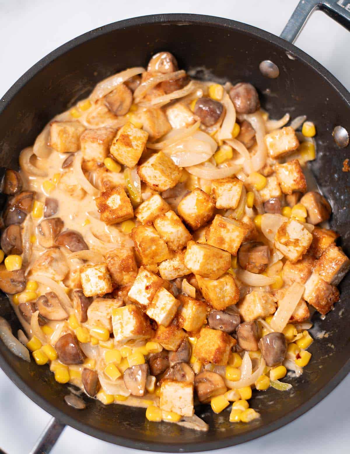 Mixed Garlic Tofu dish in a pan.