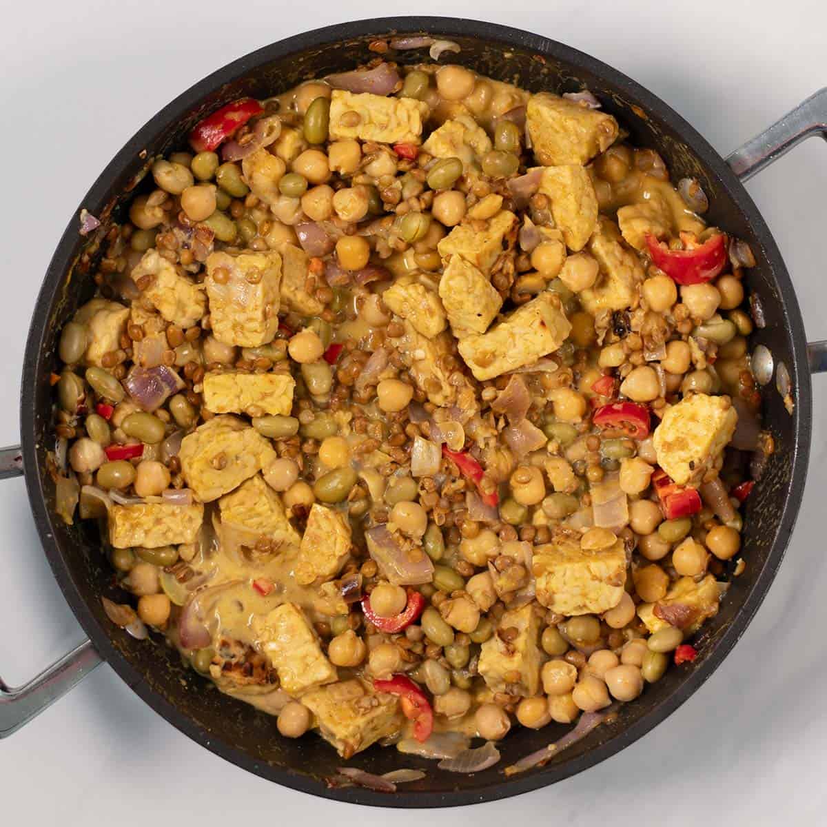 Top view of a pan with the ready High Protein Lentils.