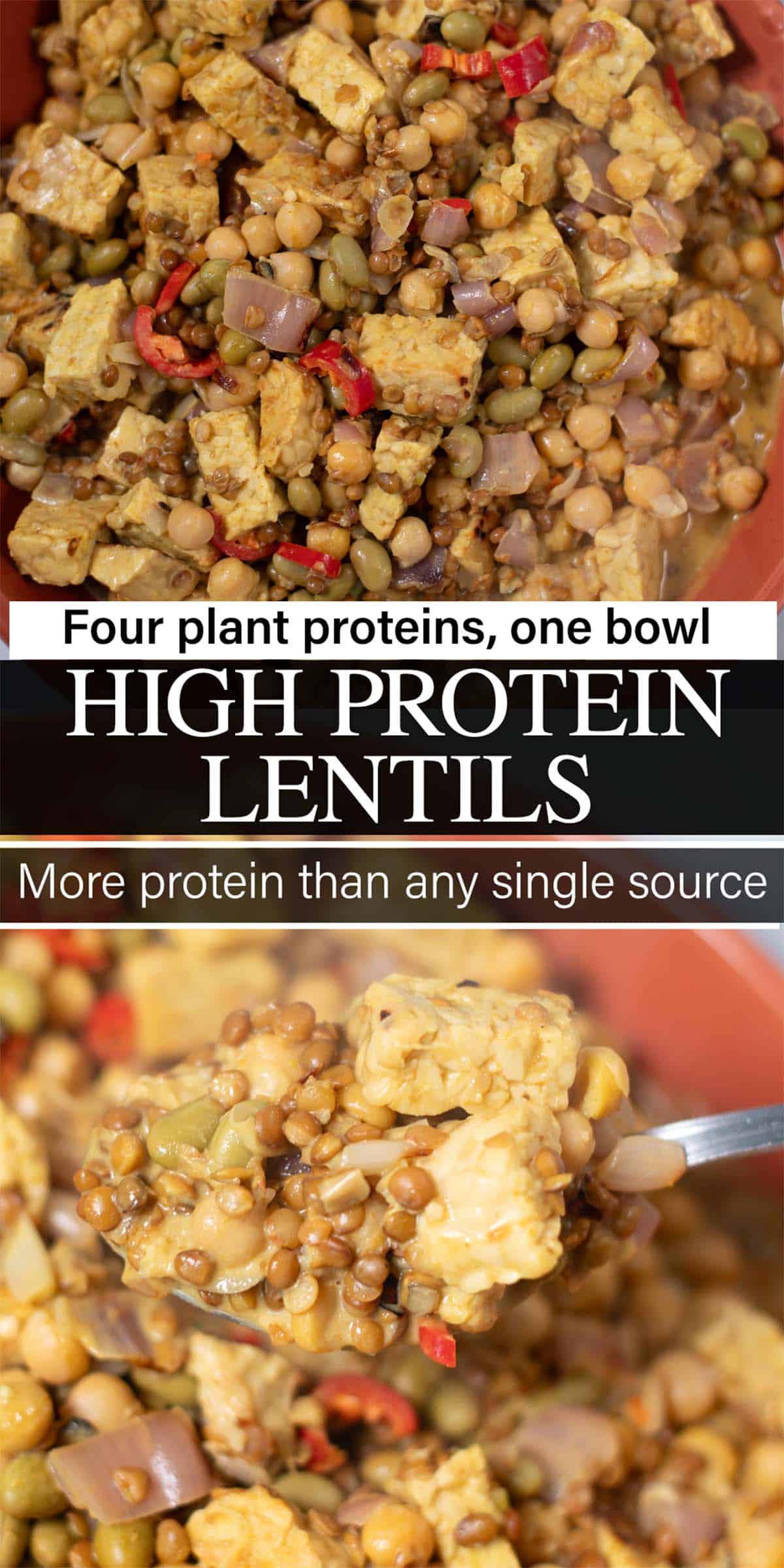 Stack of two photos showing High Protein Lentils with text overlays.
