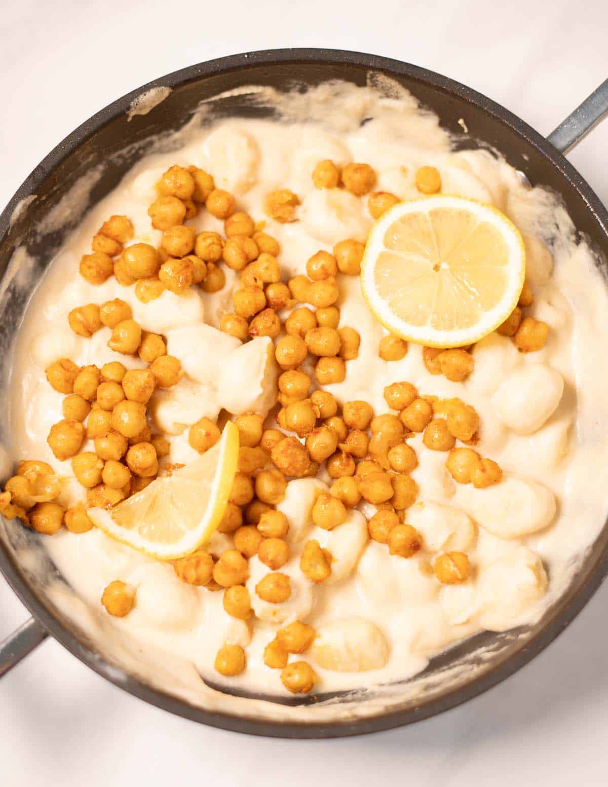 Closeup of Lemon Gnocchi in a pan.