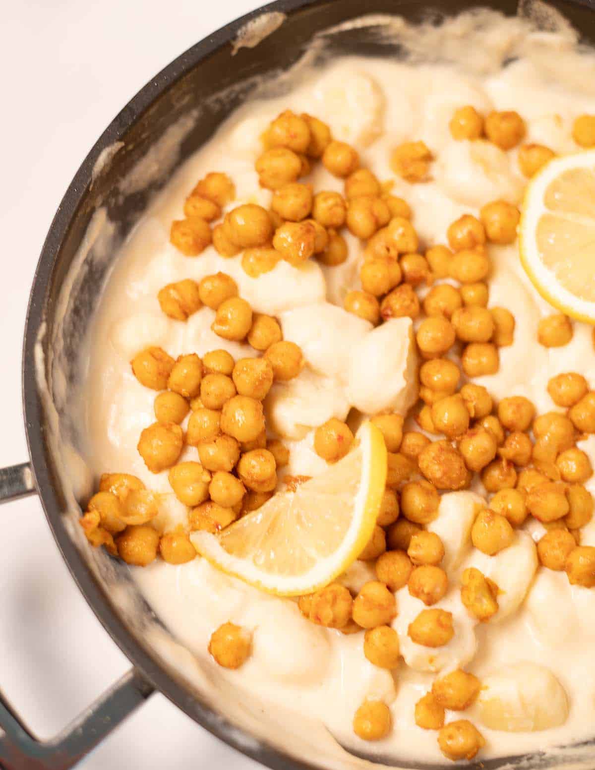Closeup on the crunchy chickpea topping of Lemon Gnocchi.