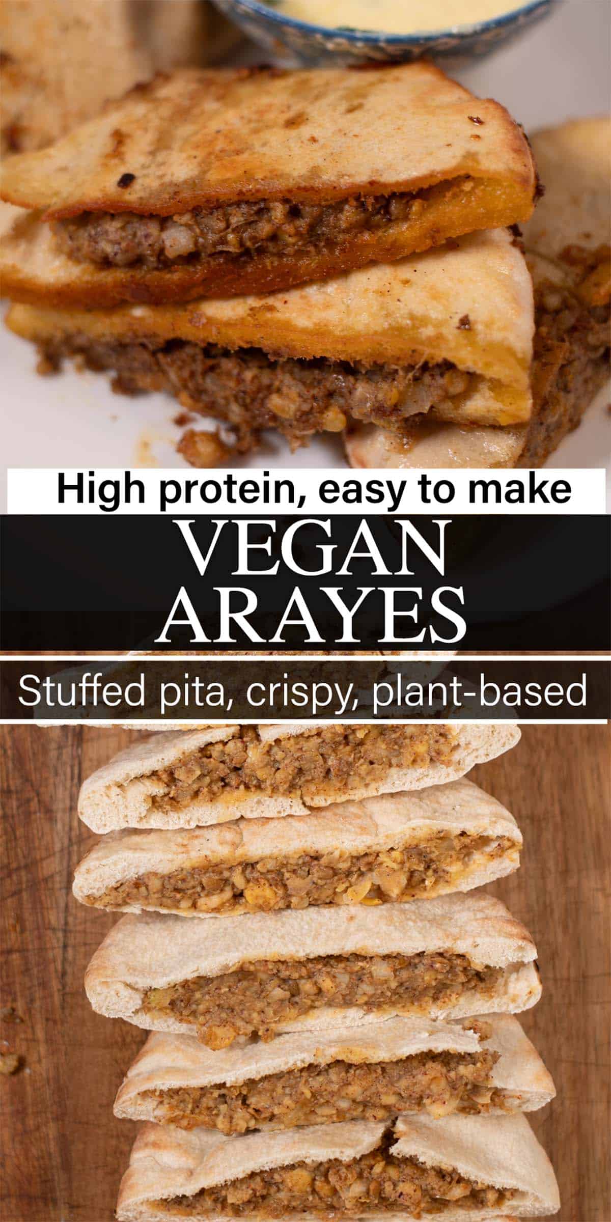 Stack of two photos showing Vegan Arayes with text overlay.