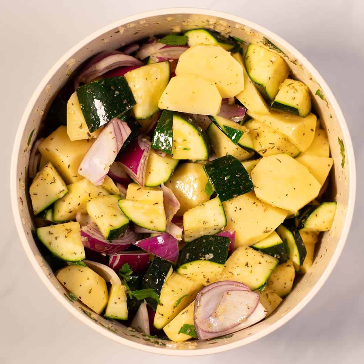 Vegetable chunks covered in seasoning.