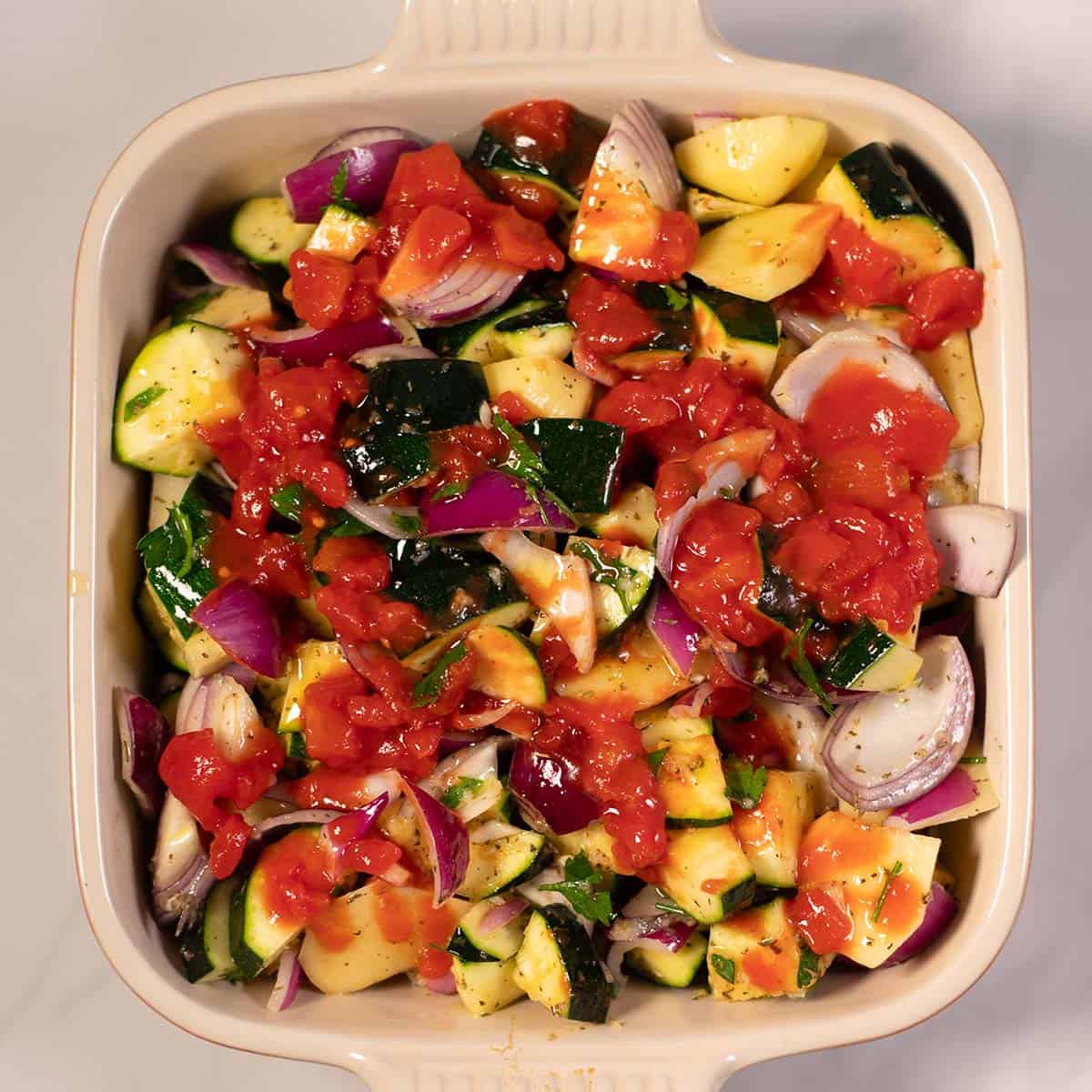 Briam ready to go into the oven.