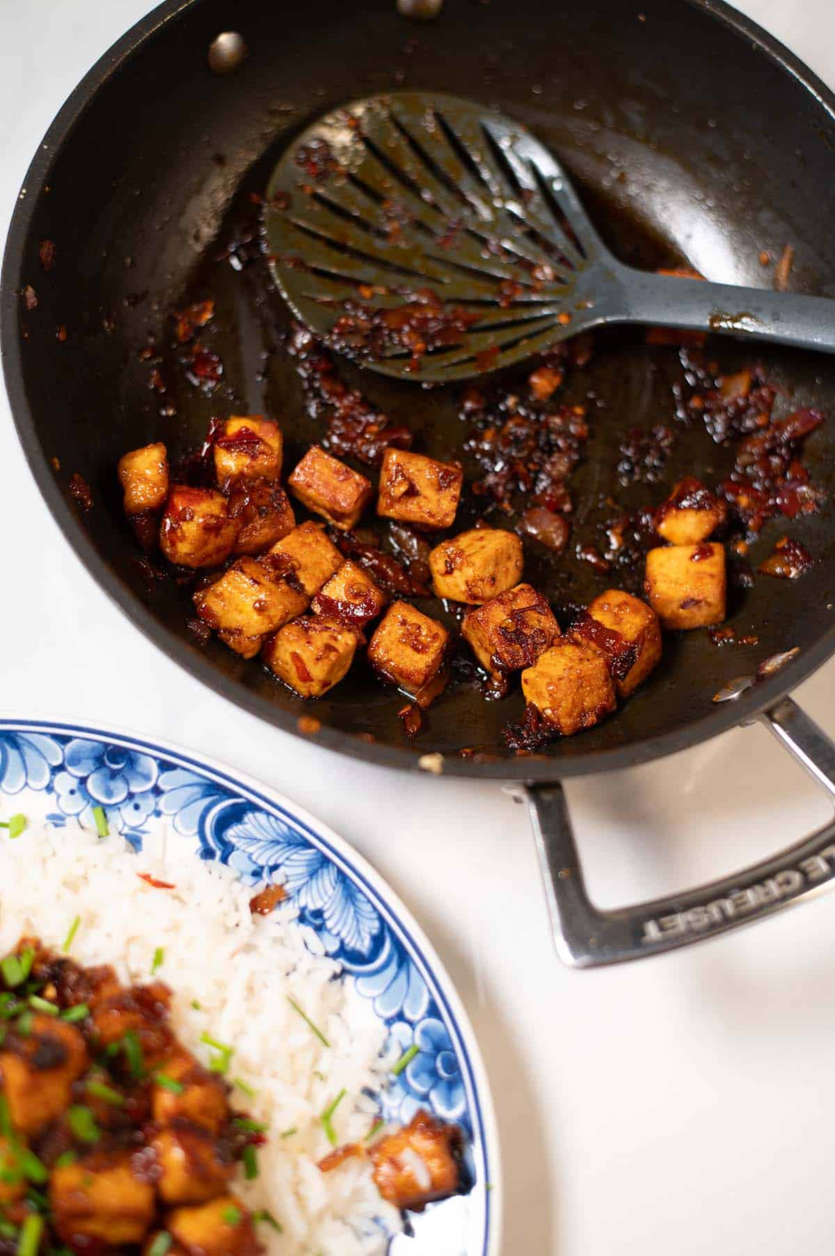 The frying pan with glazed Chipotle Tofu.