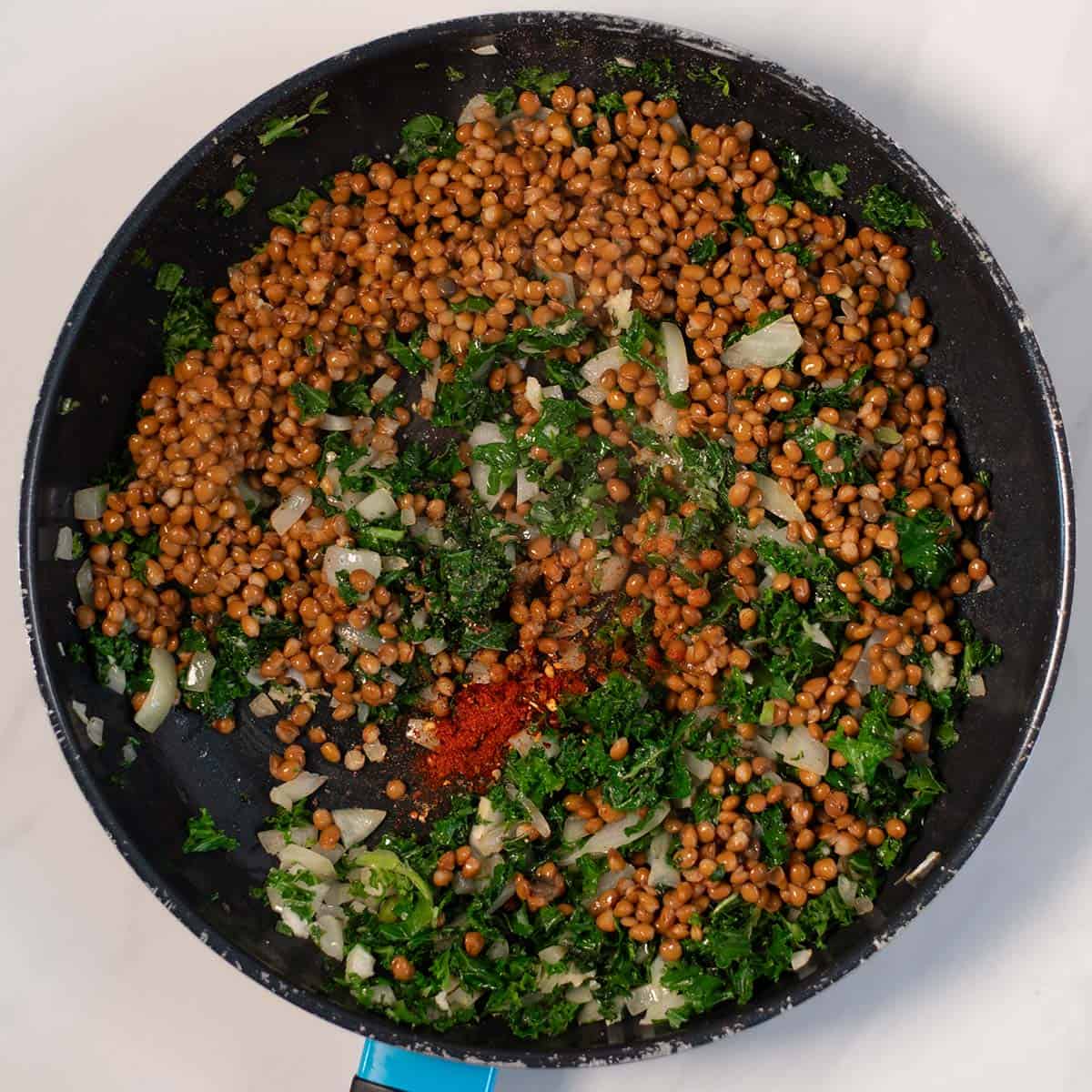 Lentils and spices are added to the pan with kale and onion mixture.
