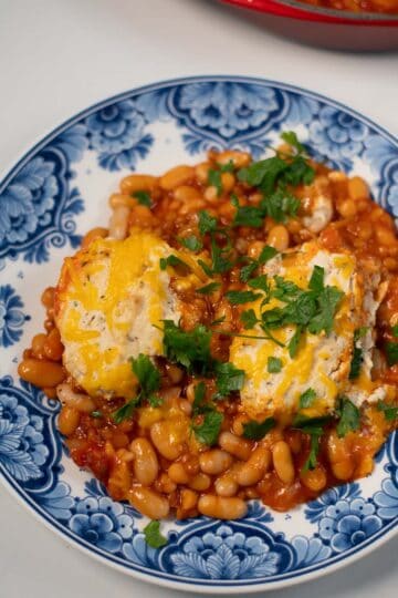 A closeup on a serving of Lasagna Beans.