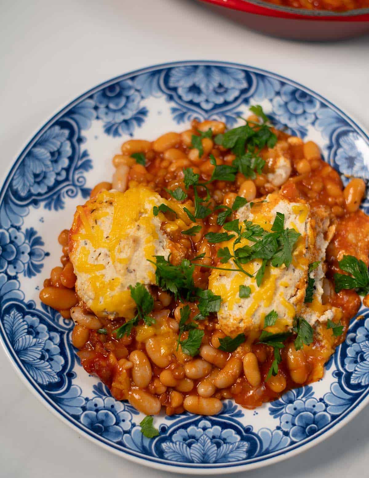 A closeup on a serving of Lasagna Beans.