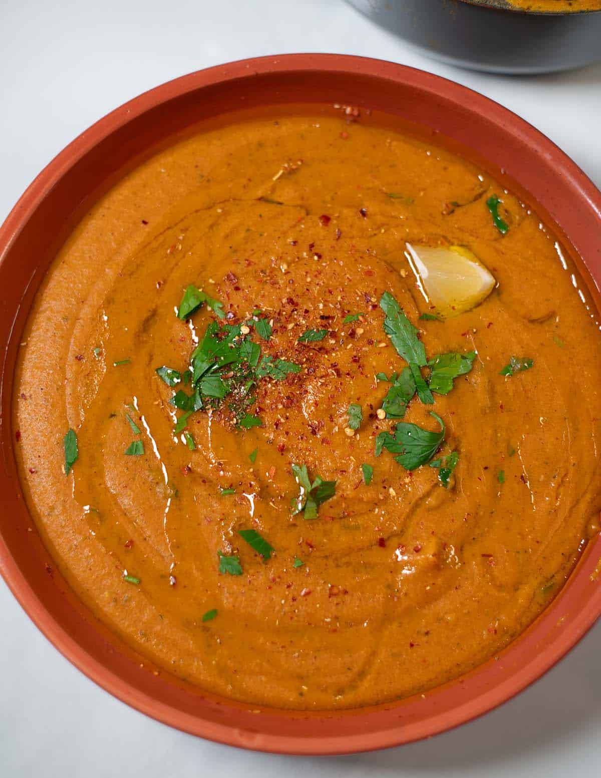 Closeup of a serving of Lebanese Lentil Soup.