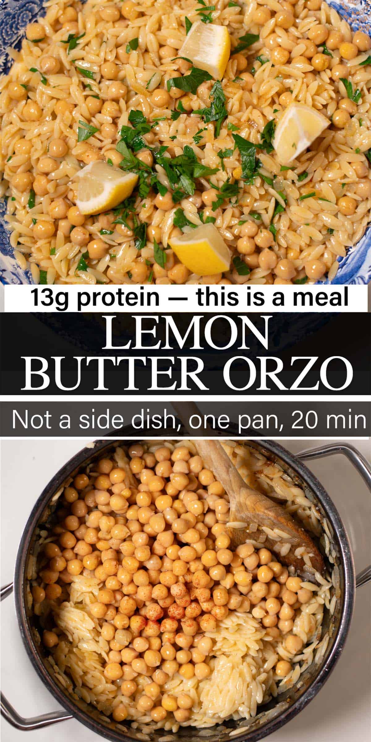 Stack of two photos of Lemon Butter Orzo with reicpe text overlay.