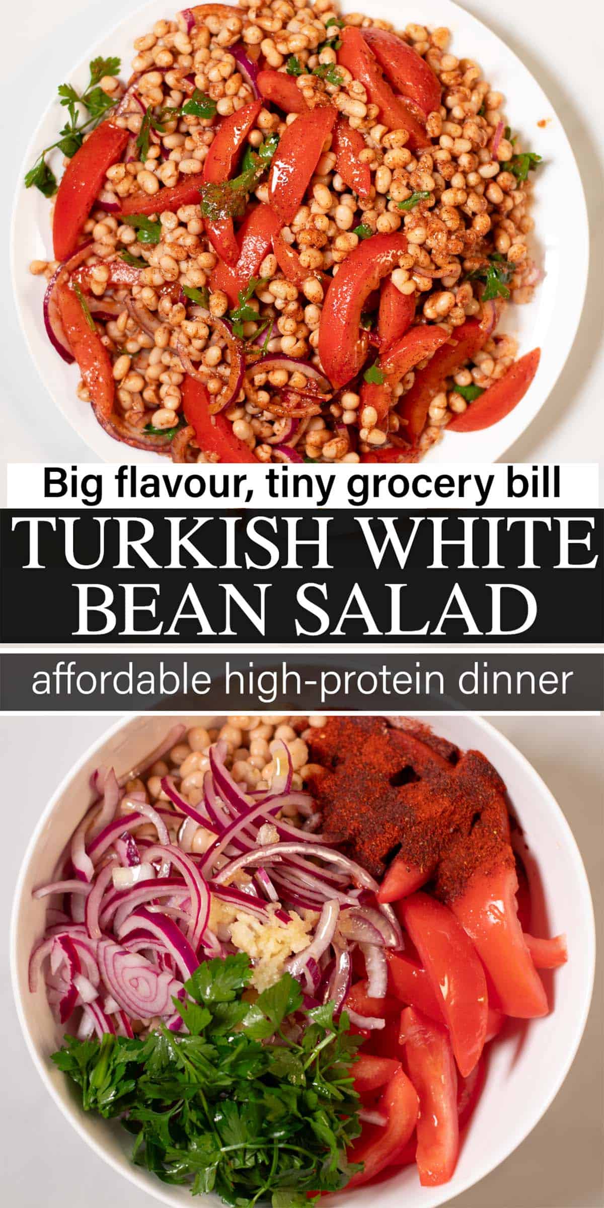 Stack of two photos showing Turkish White Bean Salad with recipe title text.