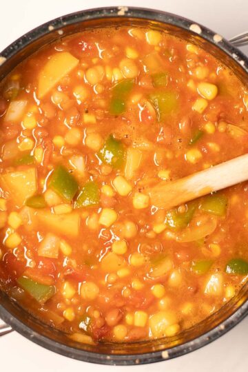 Vegan Cowboy Soup with chunky pieces.