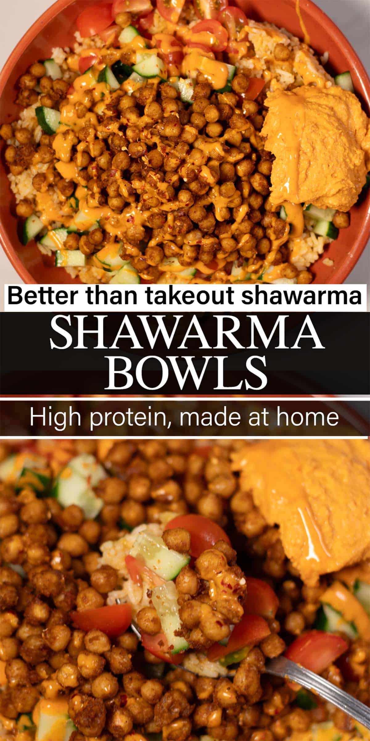 Close-up of chickpea shawarma bowls with vegetables and hummus.